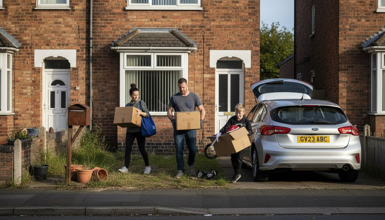Family carrying boxes outside house