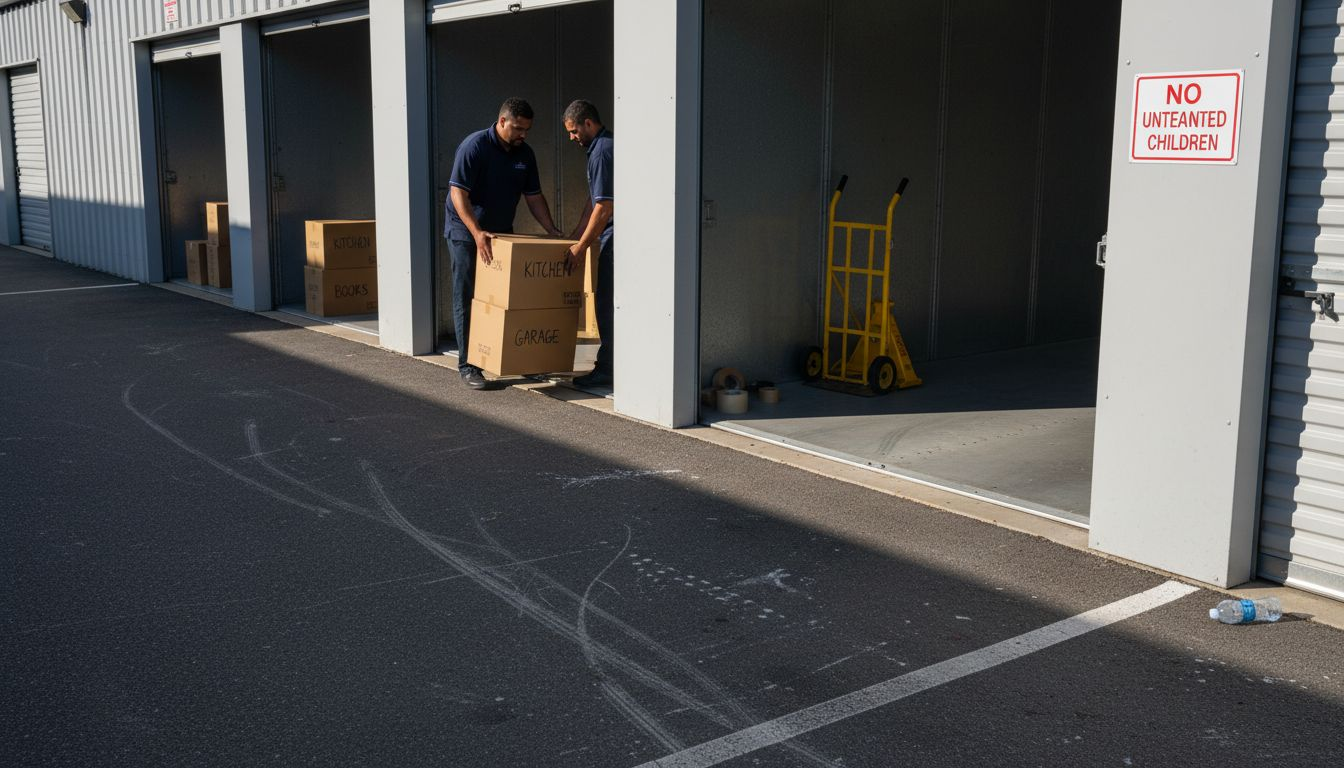 Movers loading boxes into storage unit