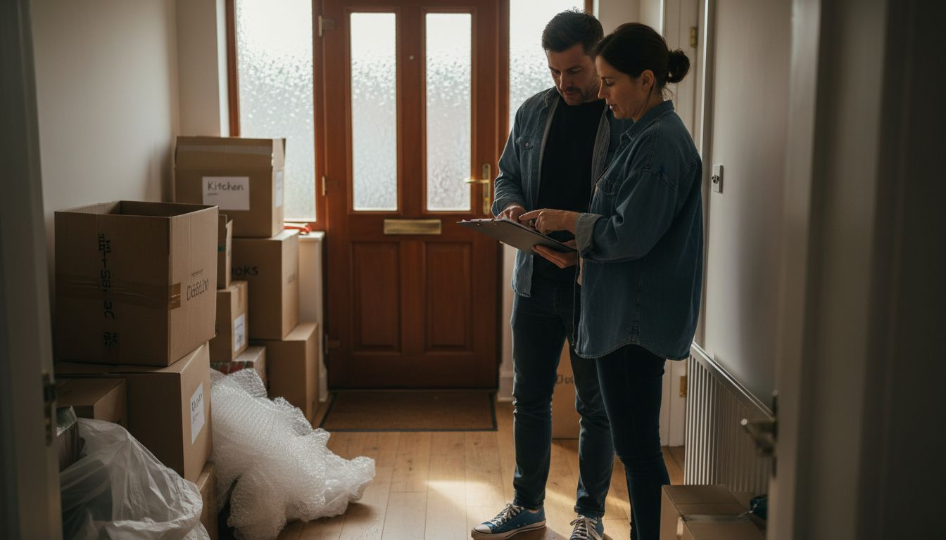 Couple reviewing storage options on moving day