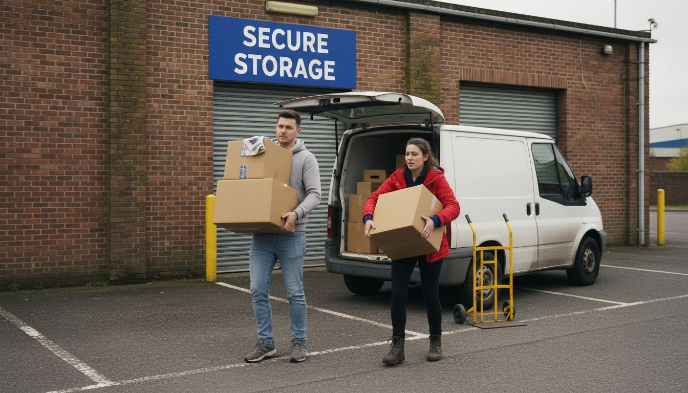 Couple unloading boxes at UK storage facility