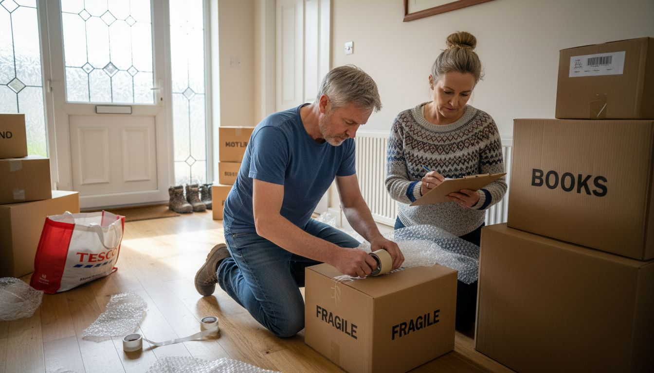 Couple packing boxes in UK home hallway