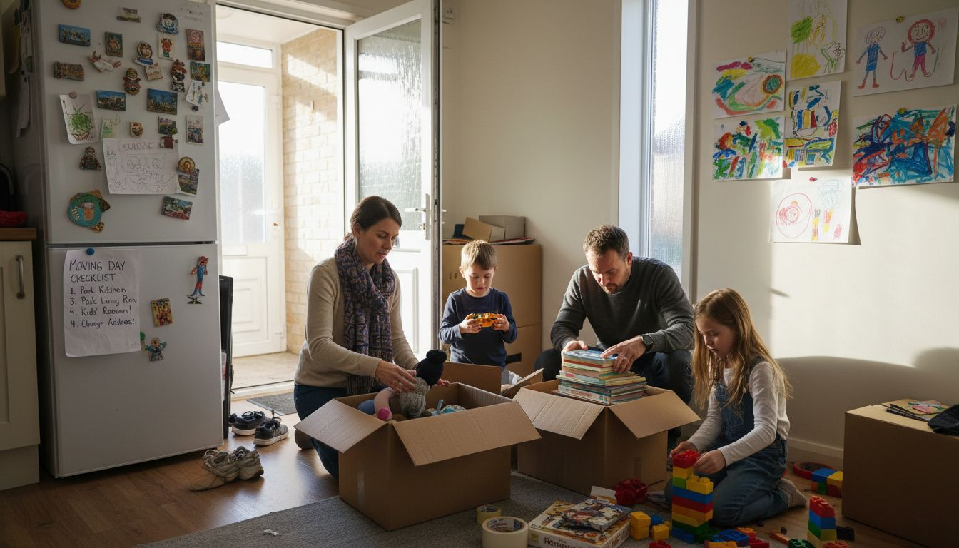 Family packing boxes for house move