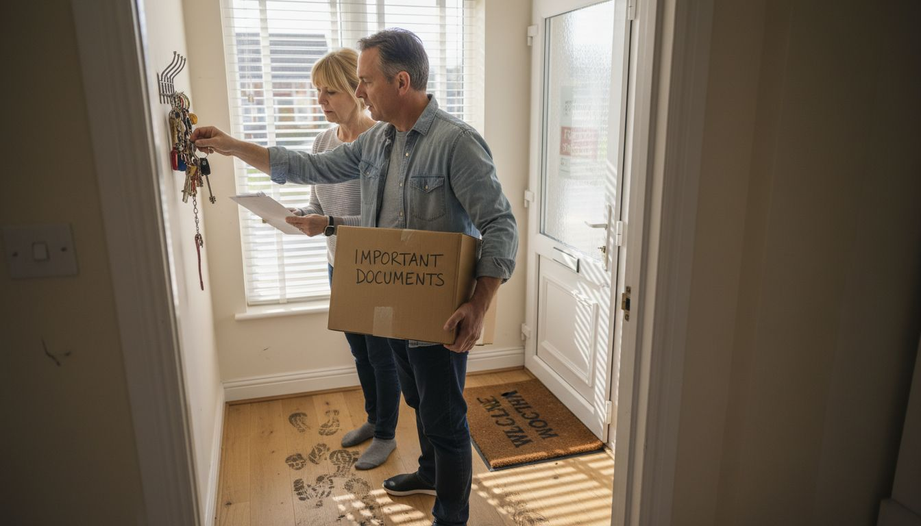 Family checks home security during move
