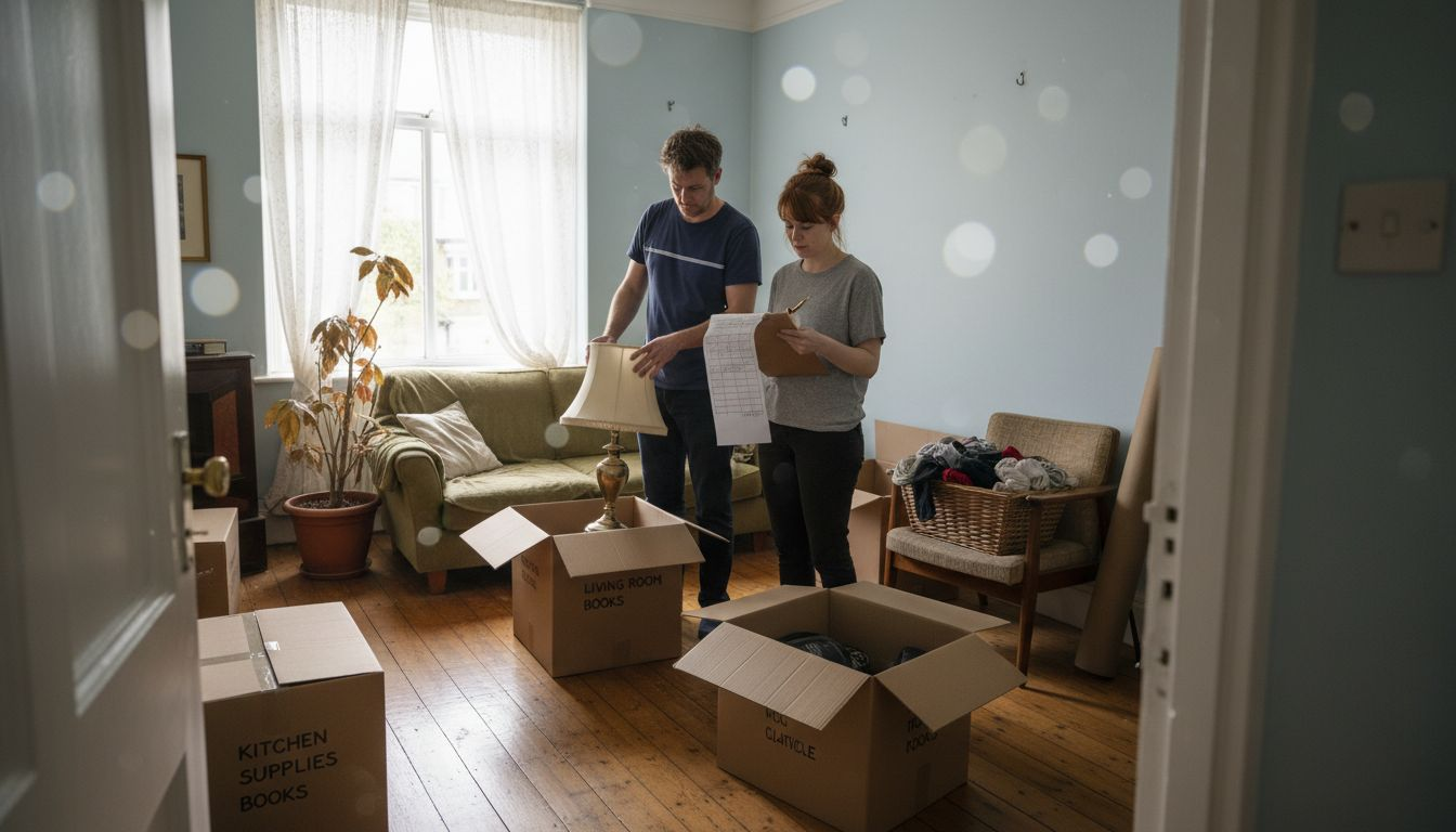 Couple sorting boxes before moving day