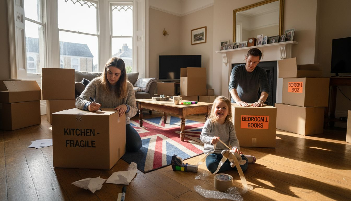 Family labelling moving boxes in home