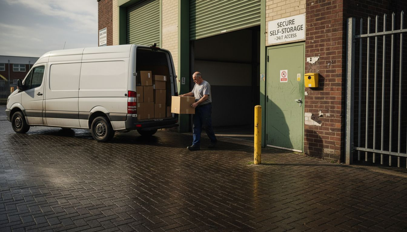 Man unloading van at city self-storage facility