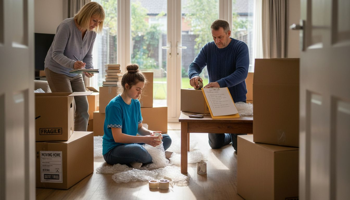 Family packing boxes in lived-in home