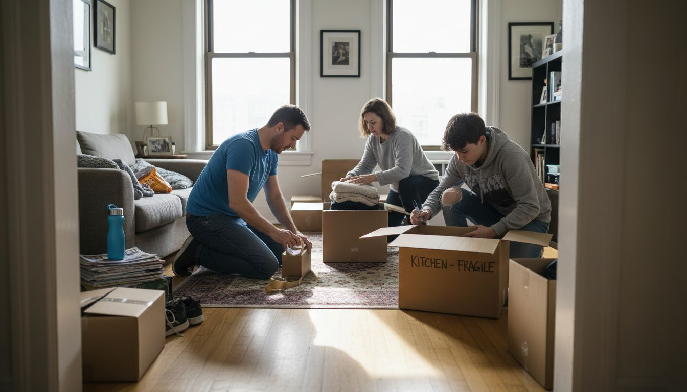 Family packing boxes in apartment sunlight
