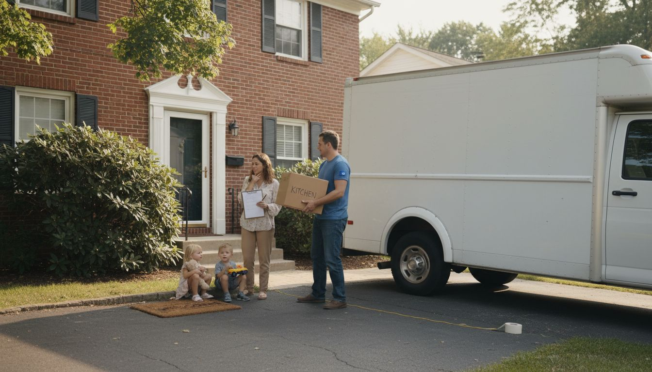 Family unloading moving van with checklist outside home