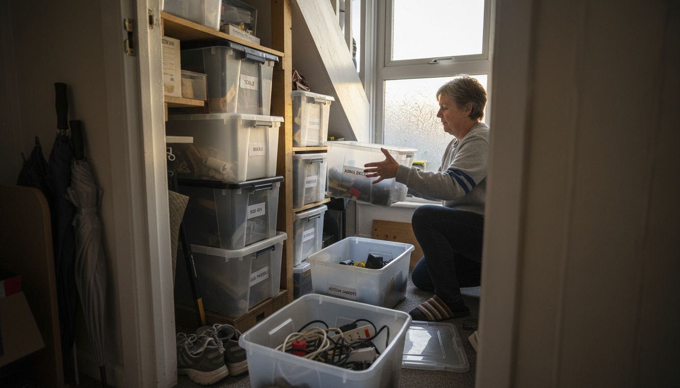 Couple organizing household storage cupboard