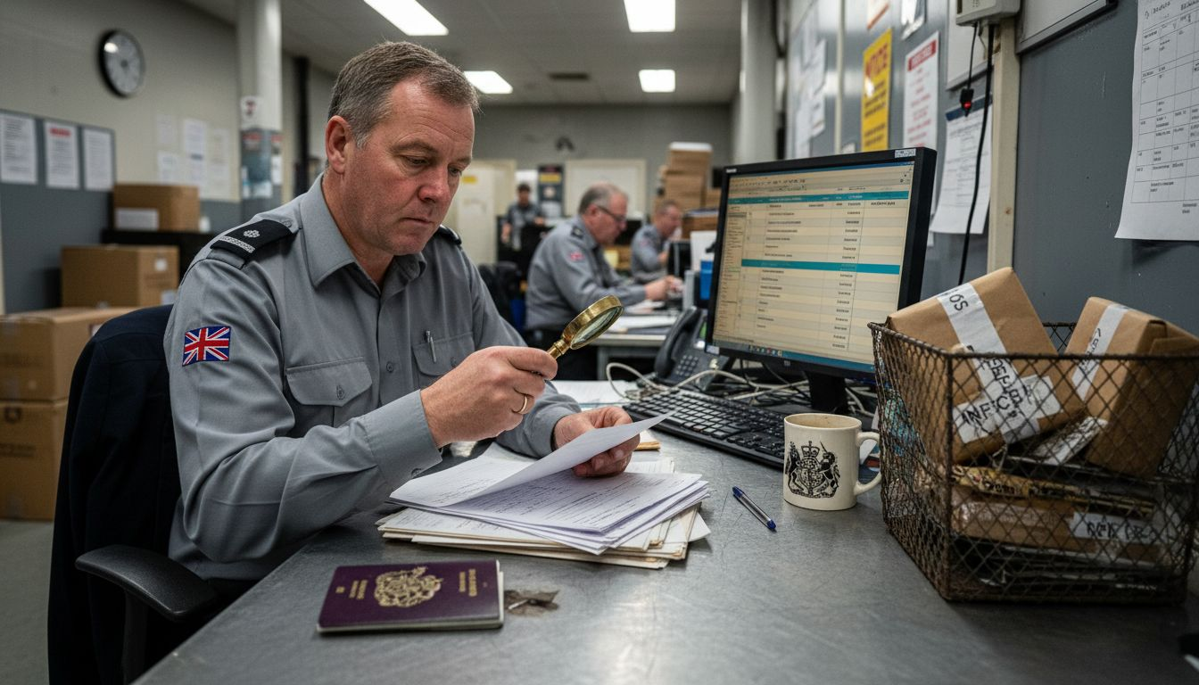 Customs official reviewing shipping documentation