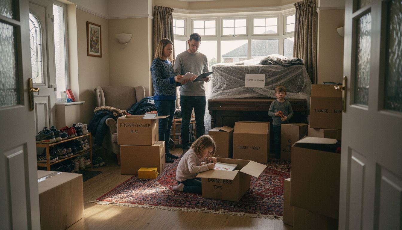 Family organizing move with boxes and paperwork