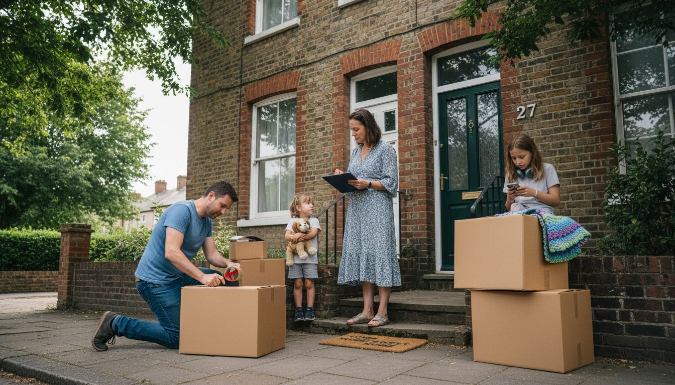 Family with moving boxes outside home