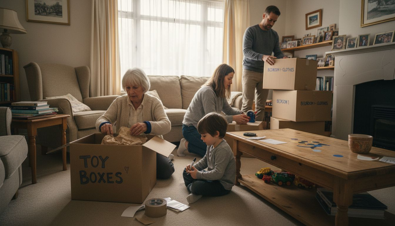 Family labeling boxes in bright living room