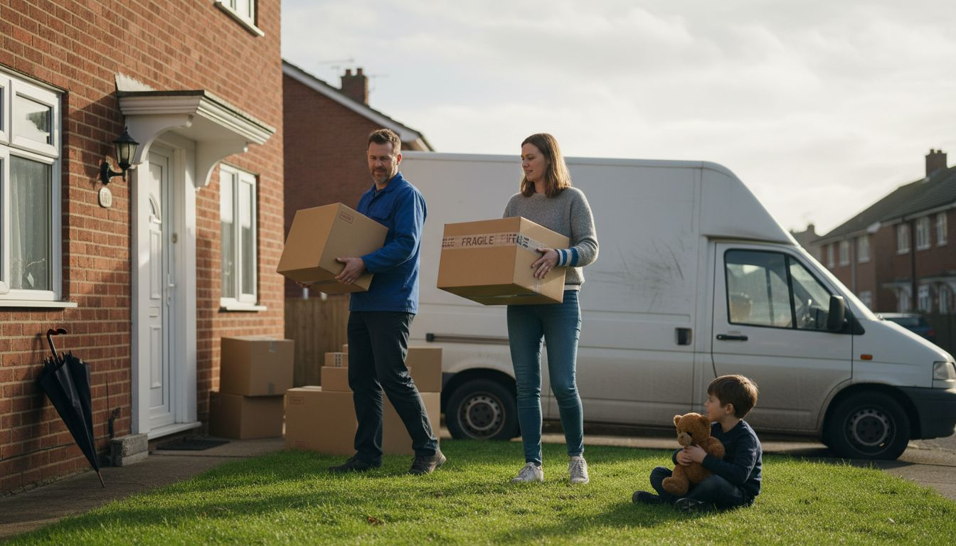 Family moving boxes into British home