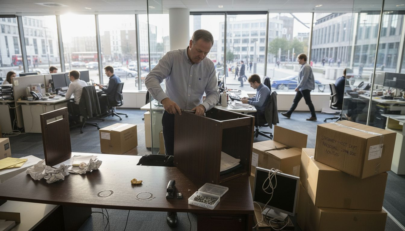 Man disassembling office furniture for relocation