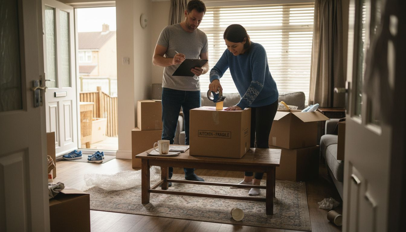 Family finishes packing boxes on moving day