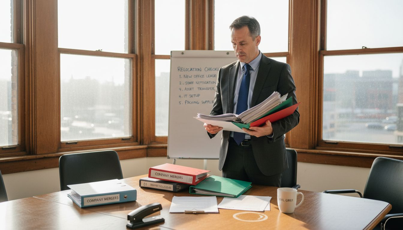 Manager reviewing relocation contracts in corner office