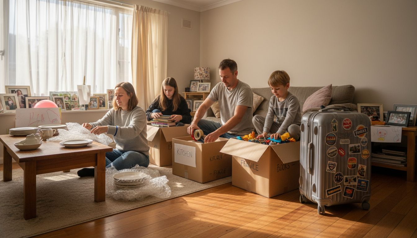 Family packing boxes for international move in living room