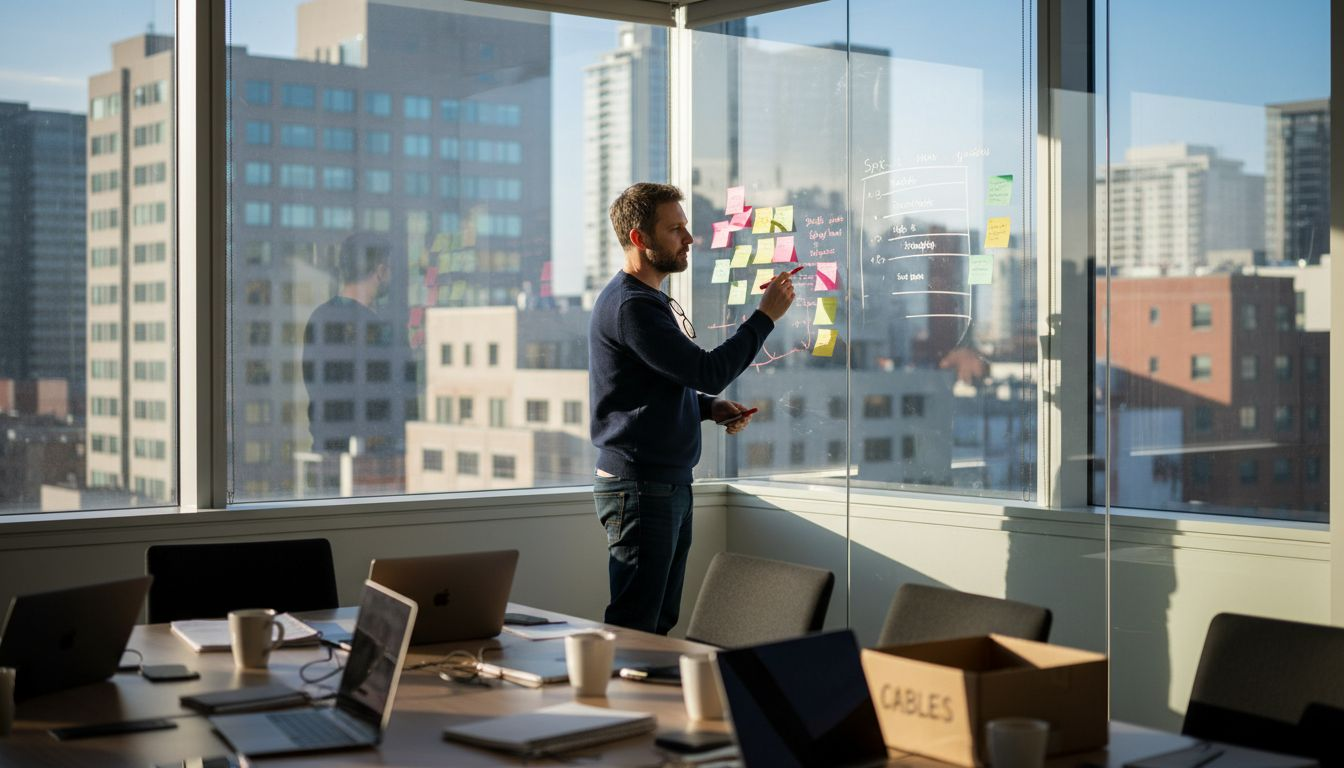 Manager planning office move on whiteboard