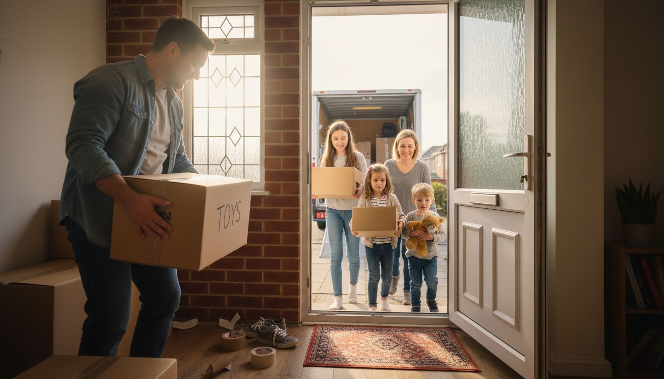 Family carries boxes into new home together