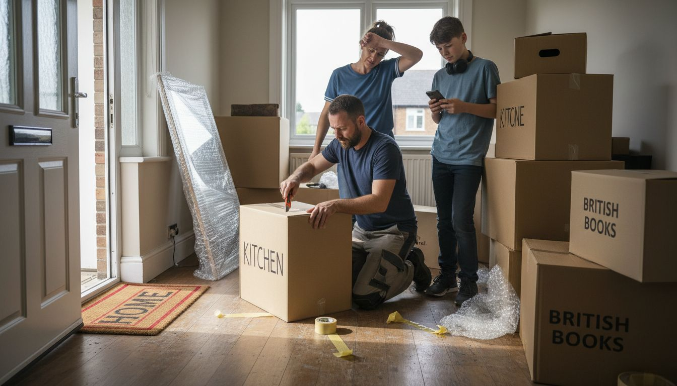 Family unpacking moving boxes in Darlington home