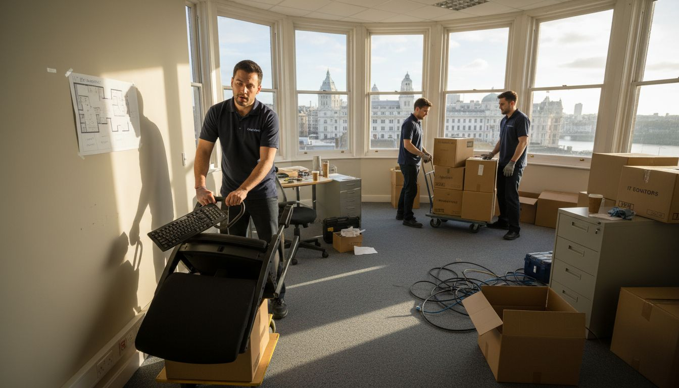 Movers relocating office equipment and chairs