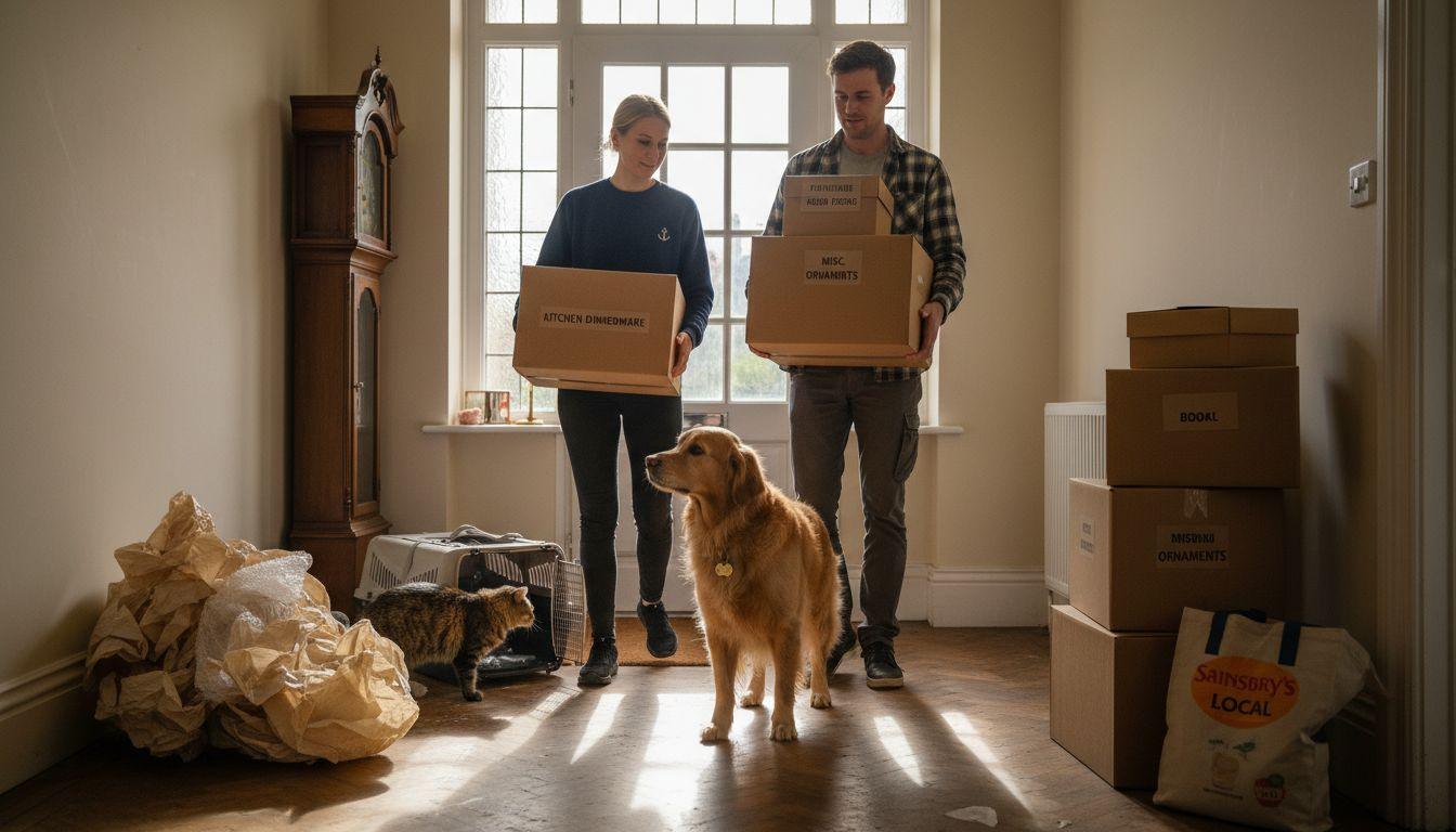 Family carries boxes with dog and cat nearby