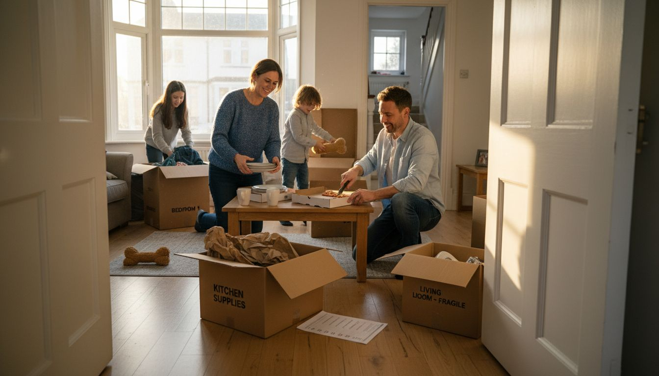 Family unpacking boxes in new UK home