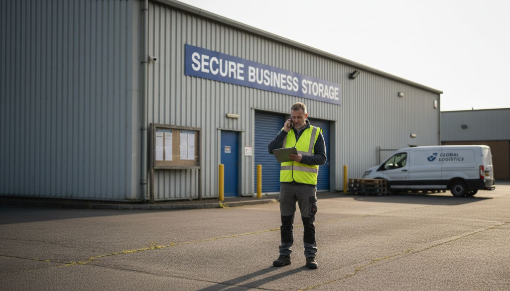 Manager outside secure business storage facility