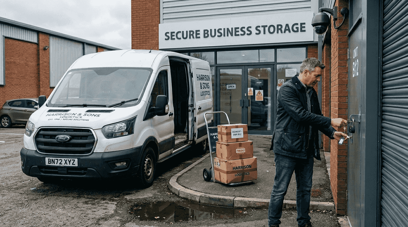 UK business owner at secure storage entrance